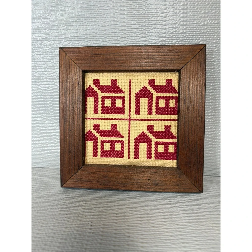 Vintage 1982 Anne Ulrich Handcrafted Cross Stitch Framed House Folk Art 7x7